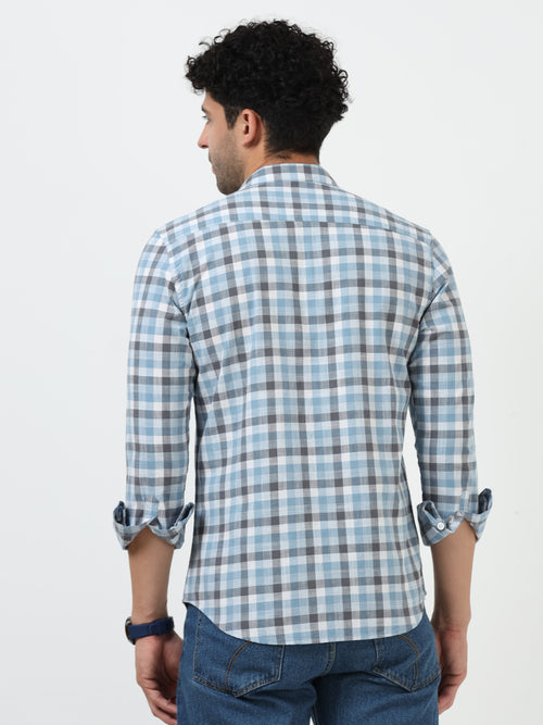 Blue & Gray Check Slub Linen Casual Full Sleeve Shirt