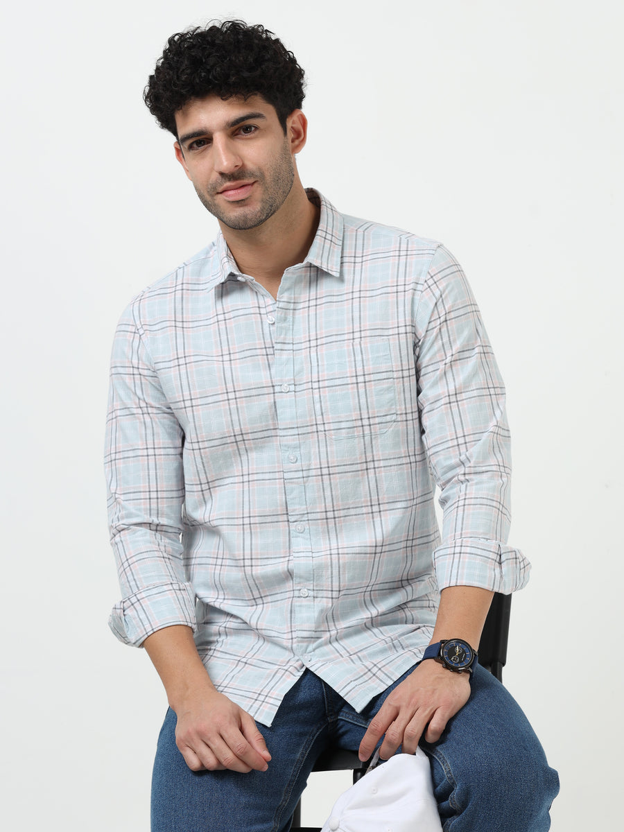Light Blue Check Slub Linen Casual Full Sleeve Shirt