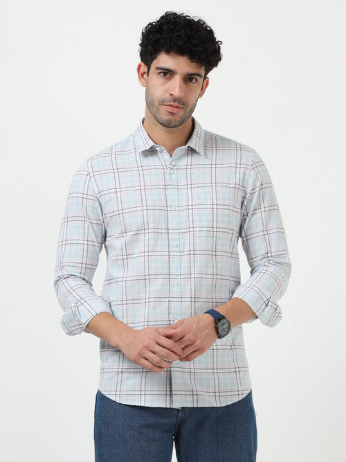 Light Blue Check Slub Linen Casual Full Sleeve Shirt