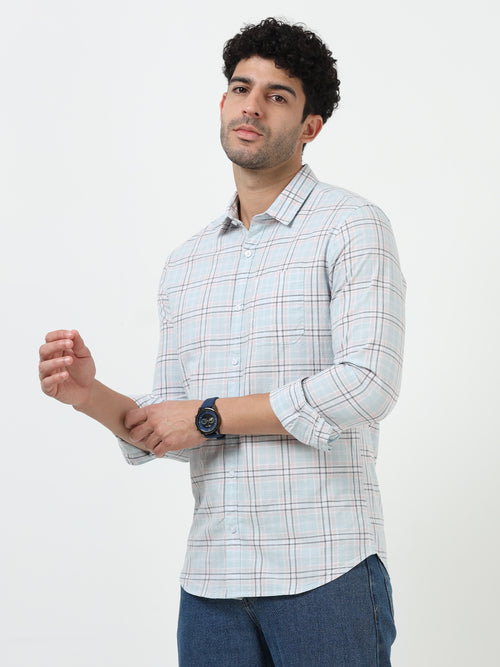 Light Blue Check Slub Linen Casual Full Sleeve Shirt
