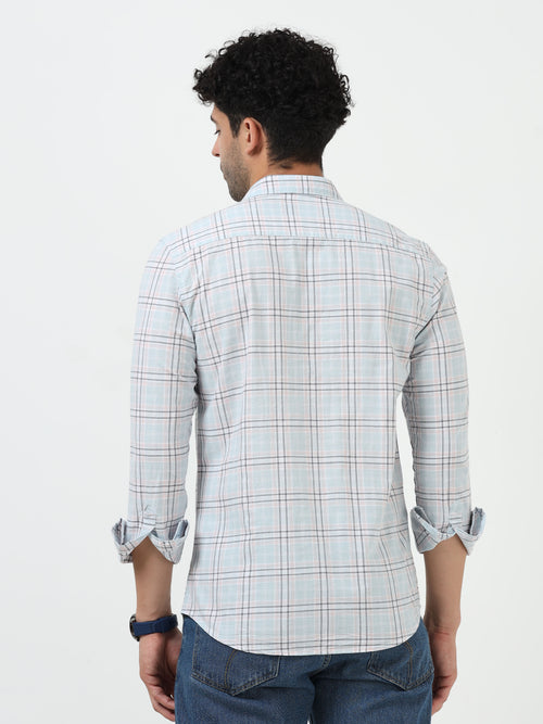 Light Blue Check Slub Linen Casual Full Sleeve Shirt
