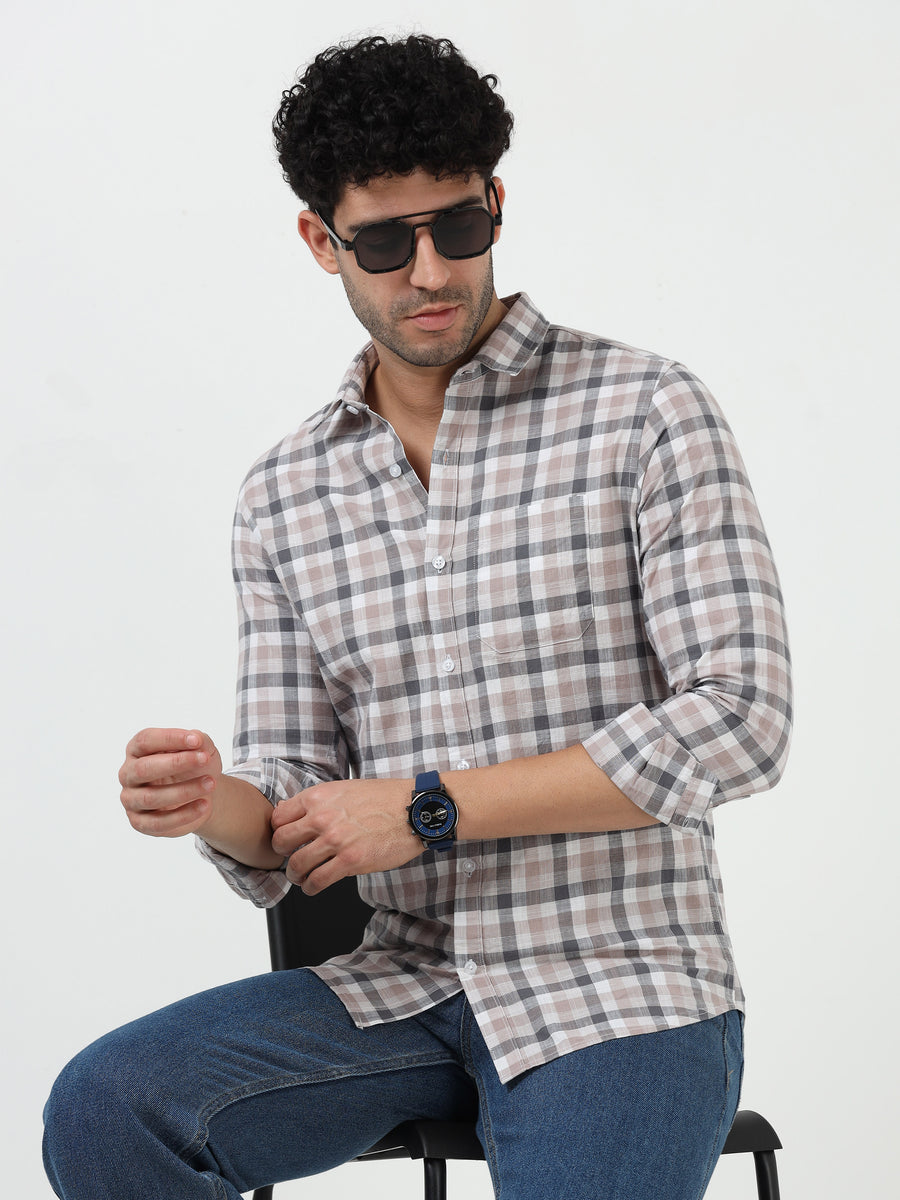 Slub Linen Check Casual Full Sleeve Shirt