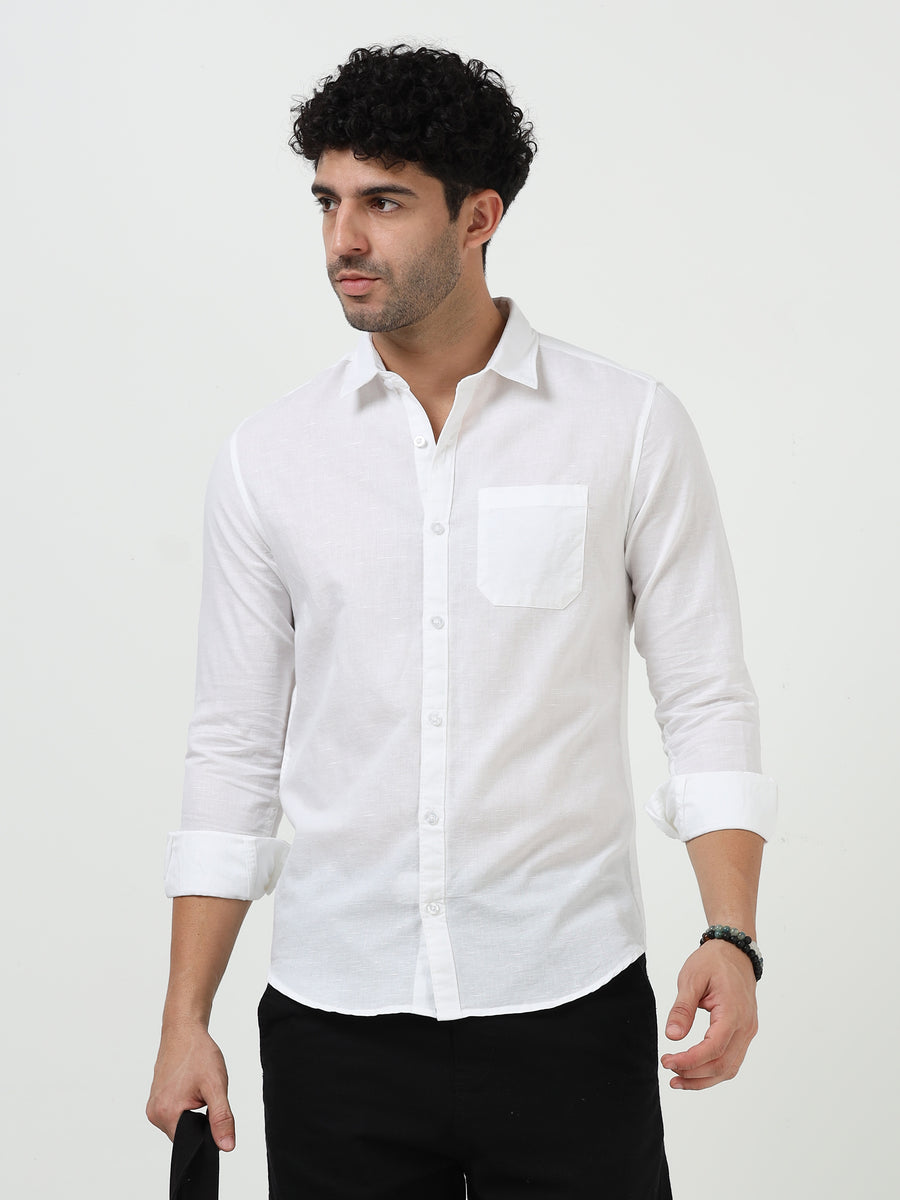 Classic White Cotton Linen Solid Full Sleeve Shirt