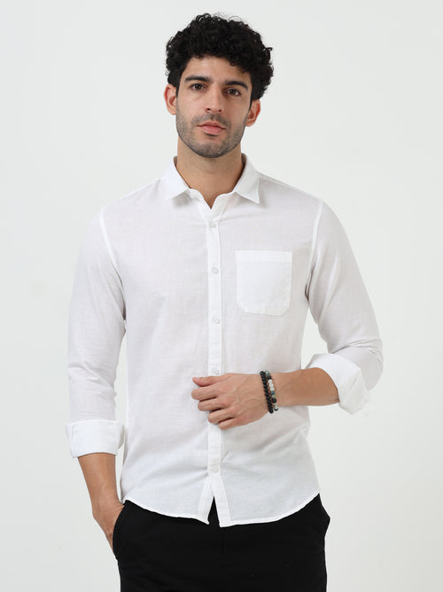 Classic White Cotton Linen Solid Full Sleeve Shirt