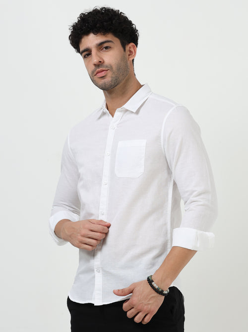 Classic White Cotton Linen Solid Full Sleeve Shirt