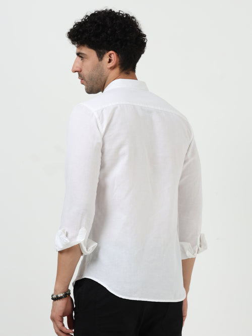 Classic White Cotton Linen Solid Full Sleeve Shirt