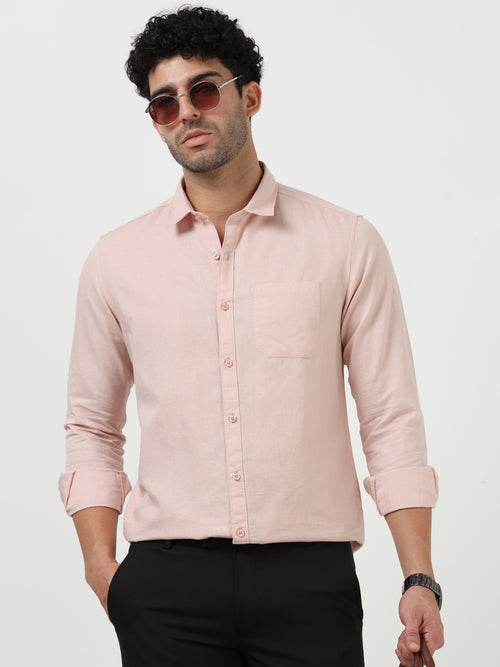 Light Pink Cotton Linen Solid Full Sleeve Casual Shirt