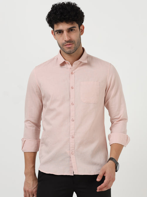 Light Pink Cotton Linen Solid Full Sleeve Casual Shirt