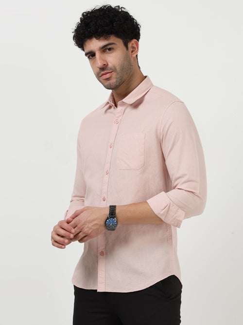 Light Pink Cotton Linen Solid Full Sleeve Casual Shirt