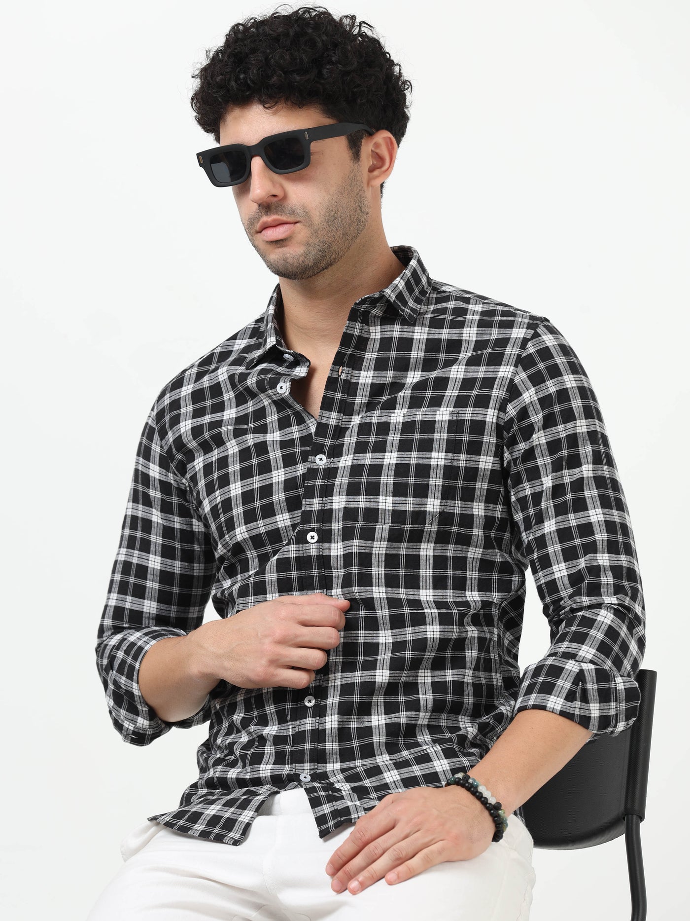 Black & White Check Slub Linen Casual Full Sleeve Shirt
