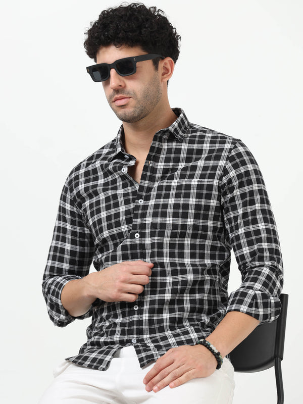 Black & White Check Slub Linen Casual Full Sleeve Shirt