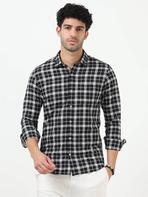 Black & White Check Slub Linen Casual Full Sleeve Shirt