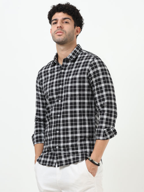 Black & White Check Slub Linen Casual Full Sleeve Shirt