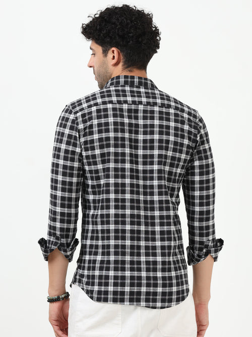 Black & White Check Slub Linen Casual Full Sleeve Shirt